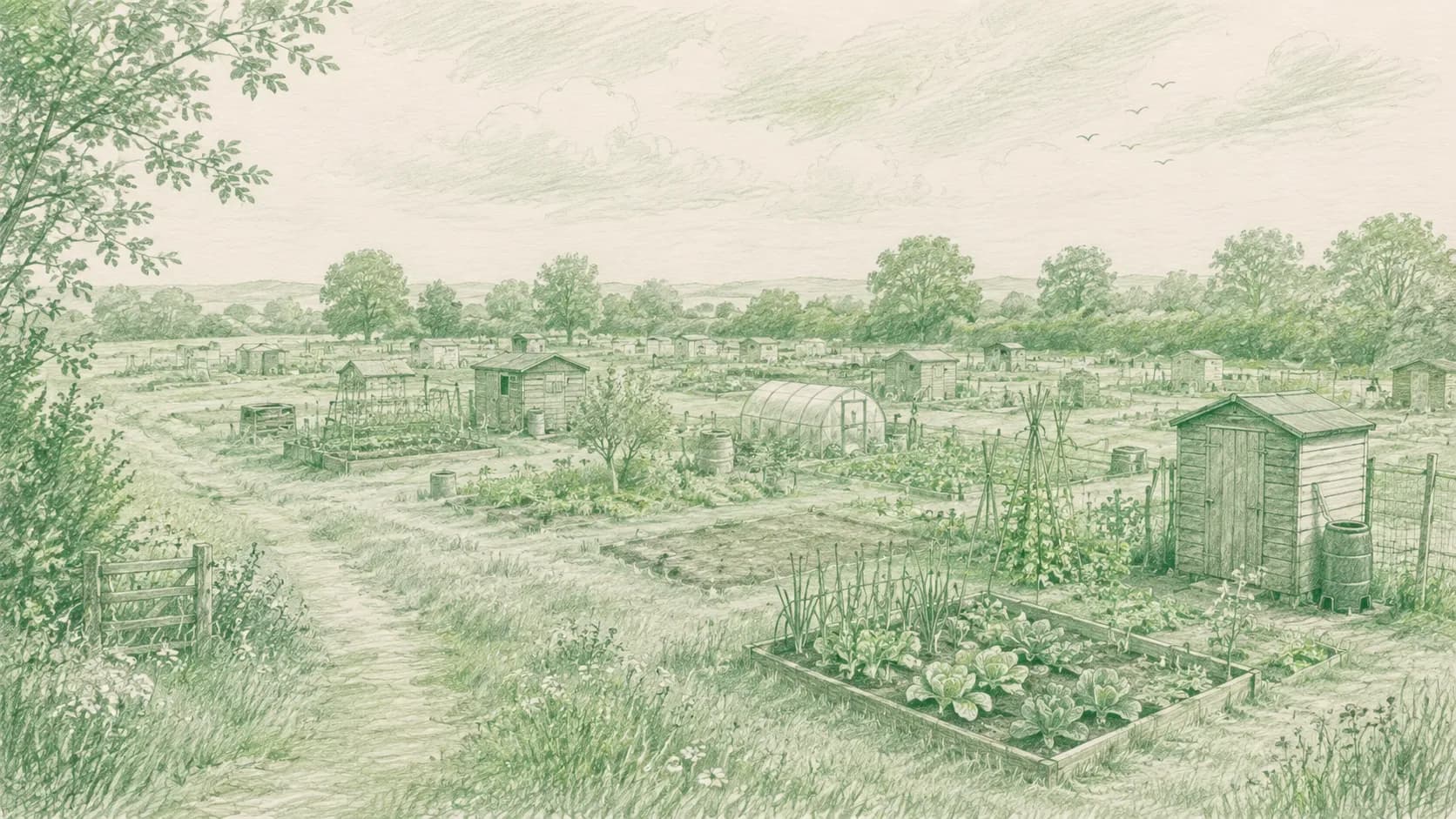 A pencil sketch of allotment plots with sheds and raised beds